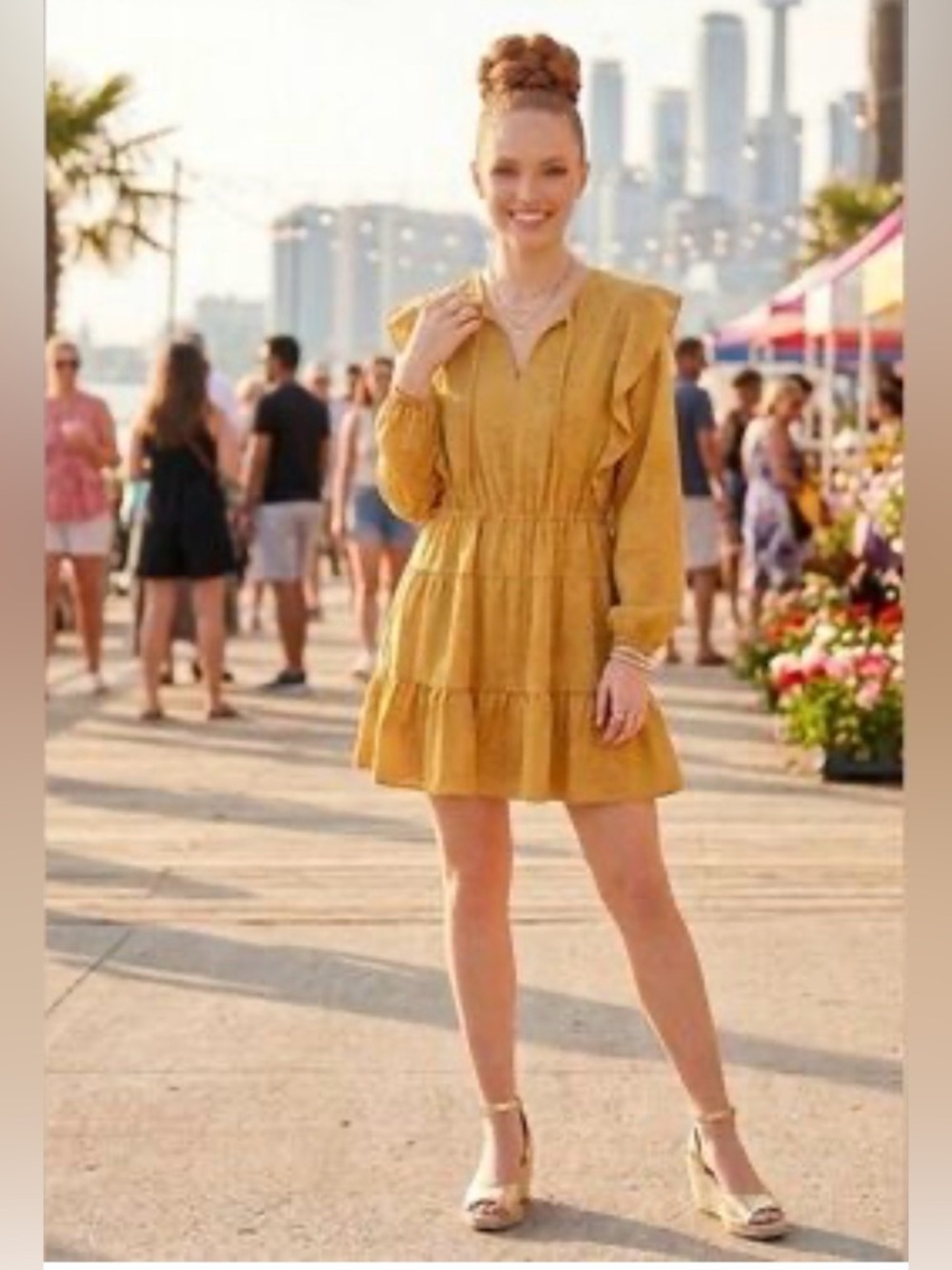 Wilfred Floral Tiered Mini Dress – Mustard Gold – Size S